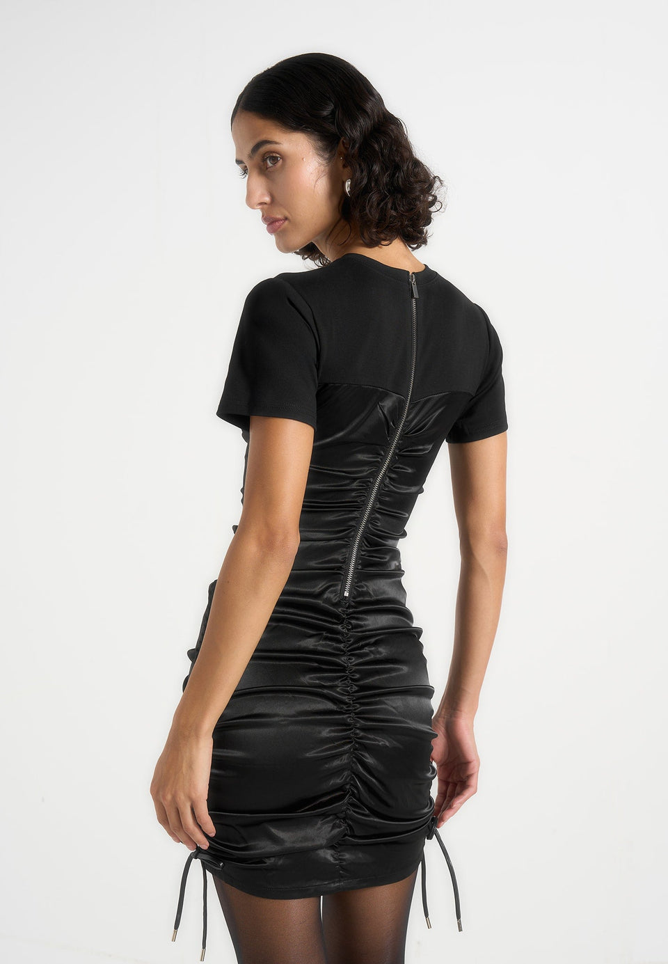 ruched-satin-t-shirt-dress-black