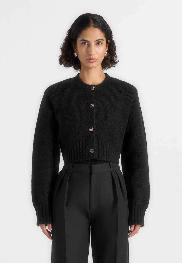 Caren - Brushed Wool Knit Cardigan - Black