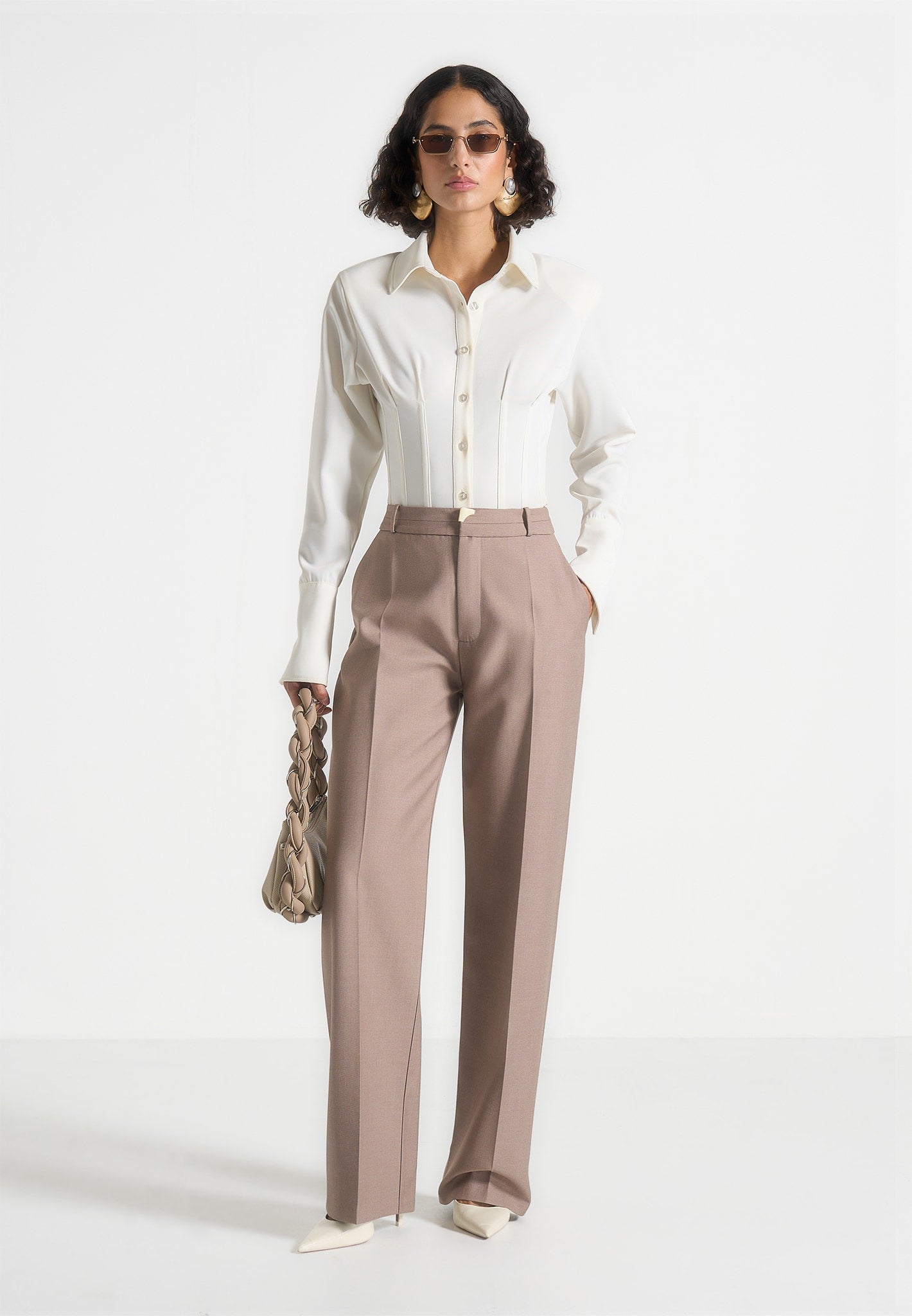 Doria - Tailored Trousers With Waistband Detail - Taupe 