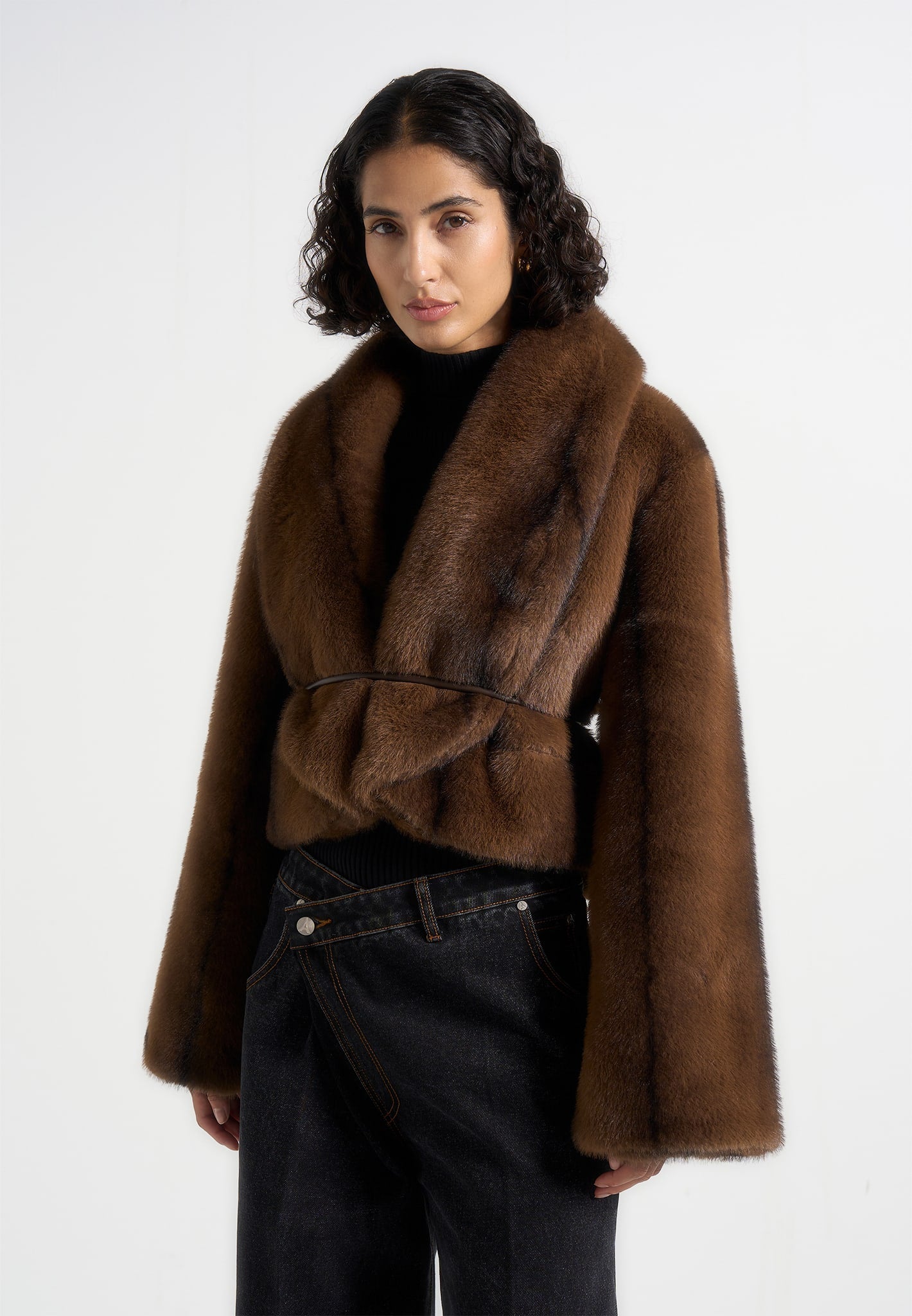 Nola - Fur Shawl Jacket with Leather Belt - Brown