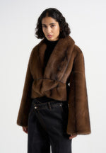Nola - Fur Shawl Jacket with Leather Belt - Brown