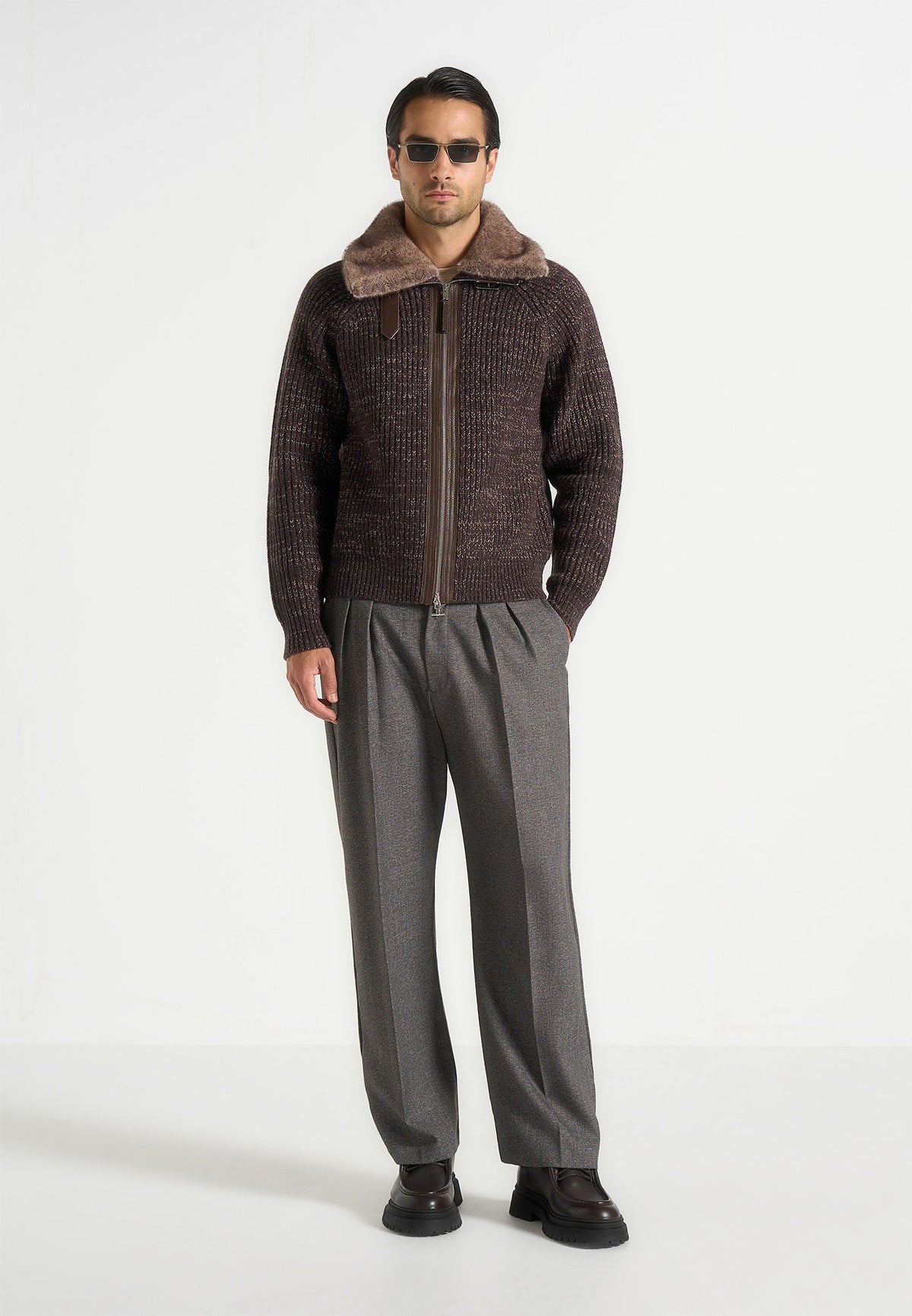Ariel - Unisex Plush Collar Speckled Knit Jacket - Brown