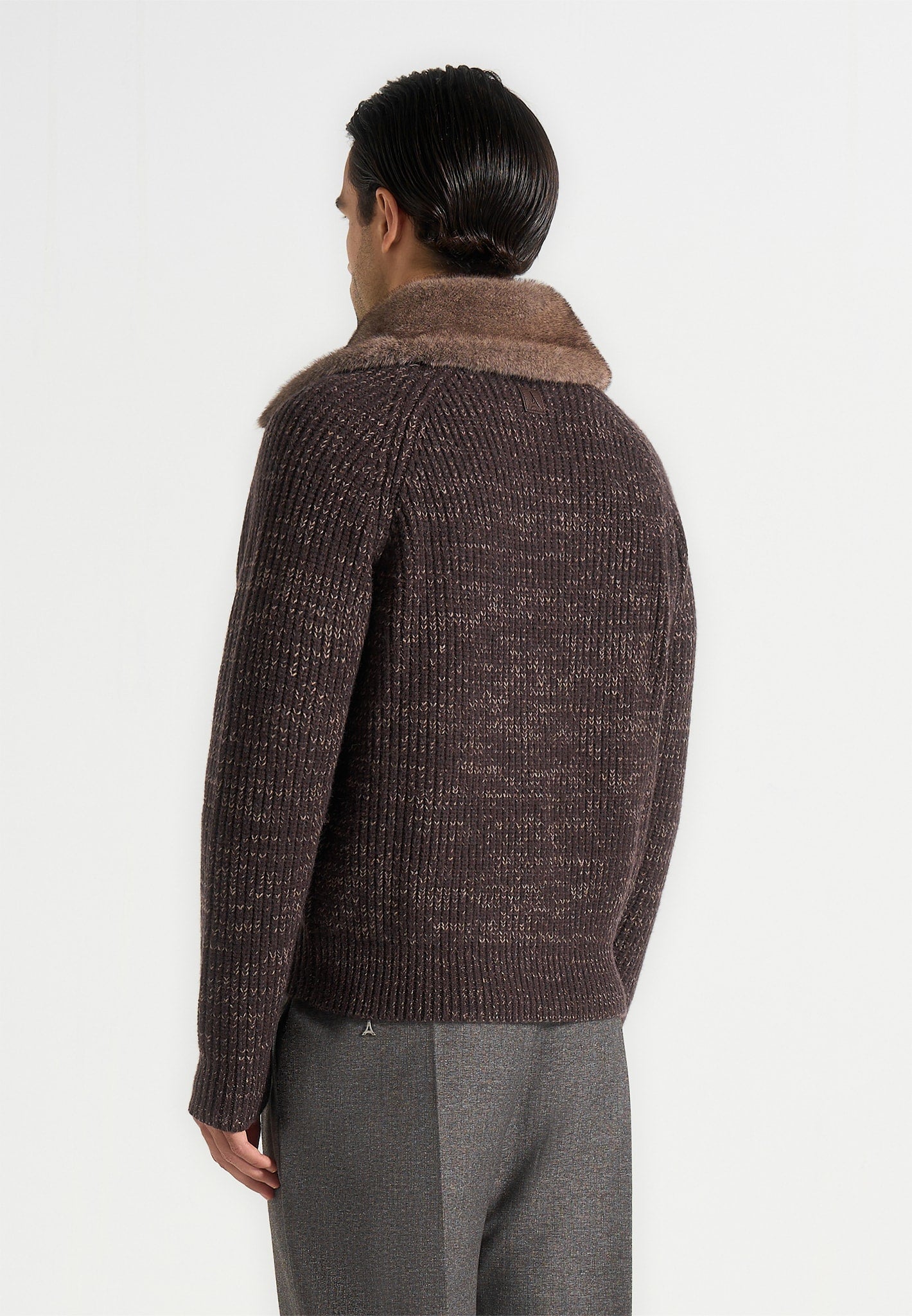 Ariel - Unisex Plush Collar Speckled Knit Jacket - Brown