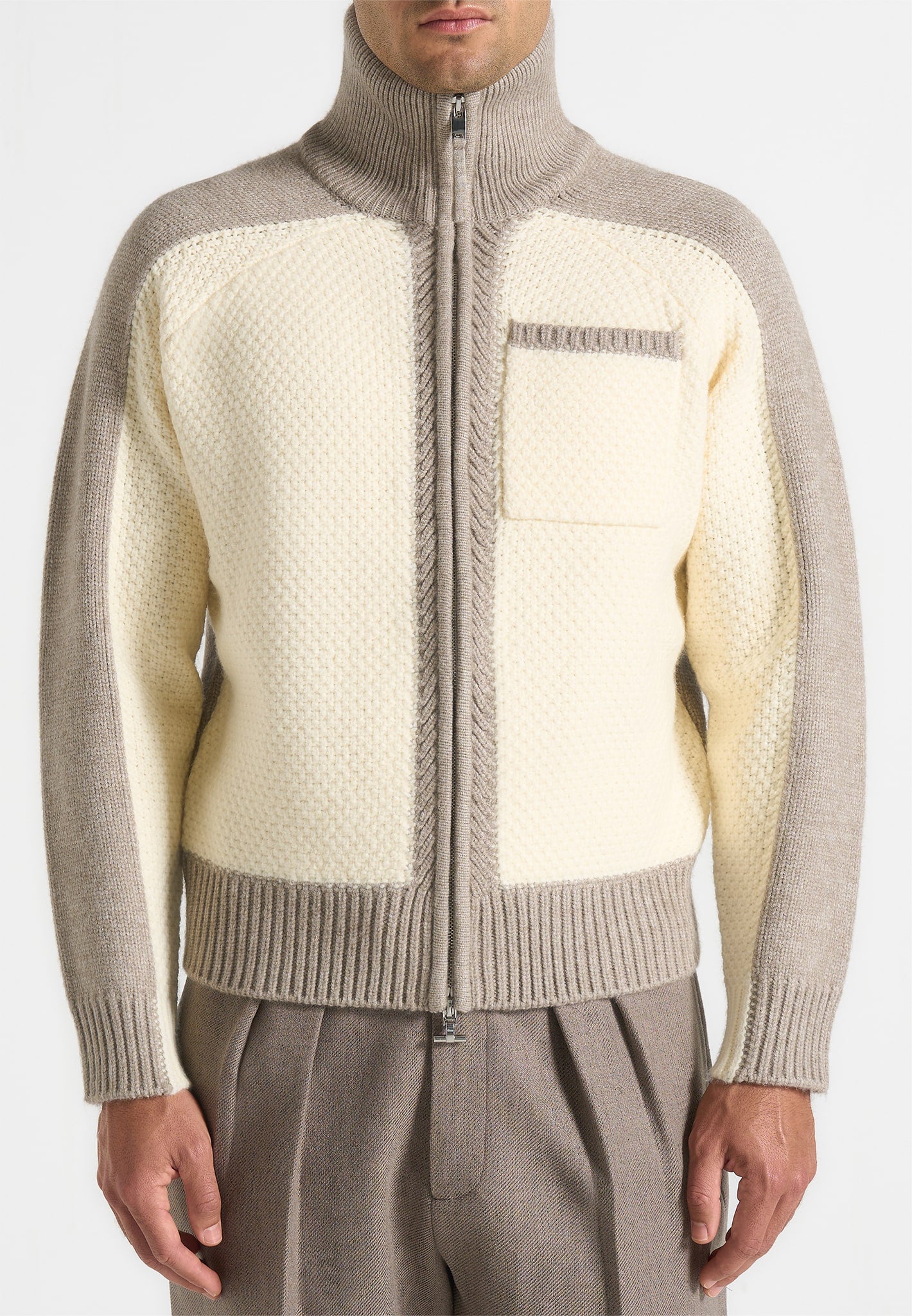 René - Colour Block Zip Through Cardigan - Cream/Beige 