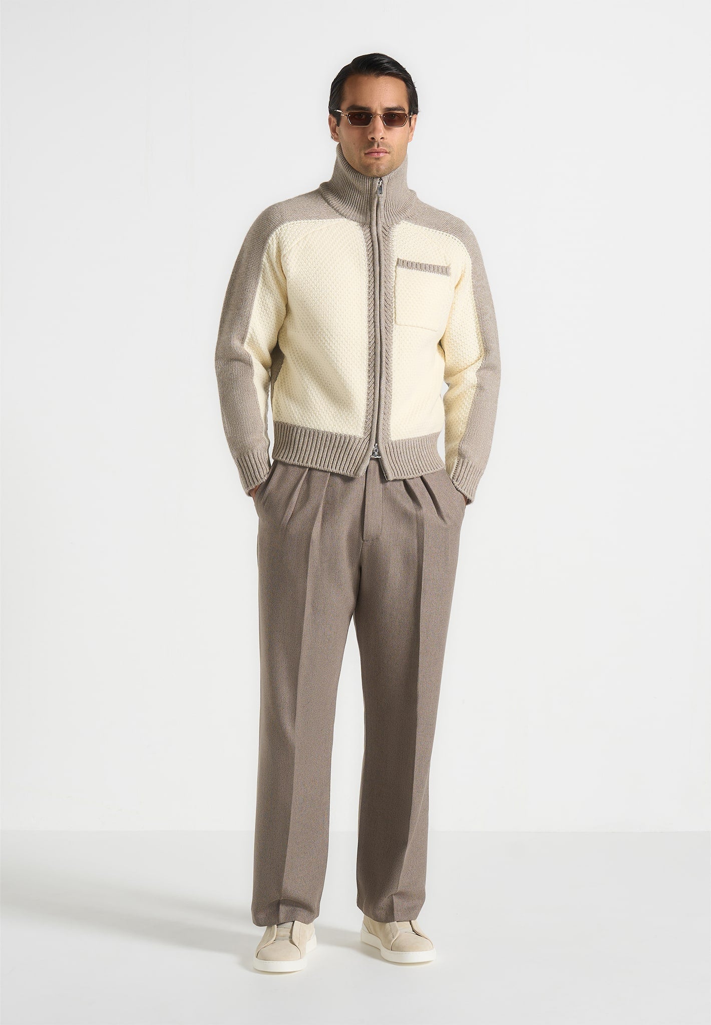 René - Colour Block Zip Through Cardigan - Cream/Beige 