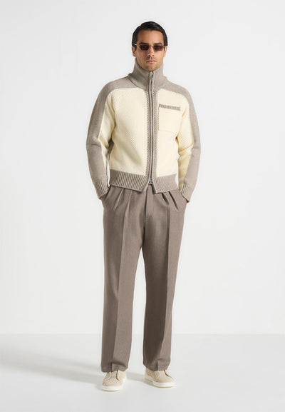 René - Colour Block Zip Through Cardigan - Cream/Beige