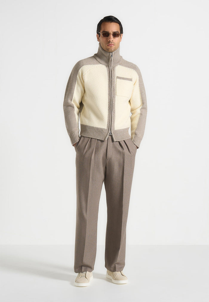 René - Colour Block Zip Through Cardigan - Cream/Beige