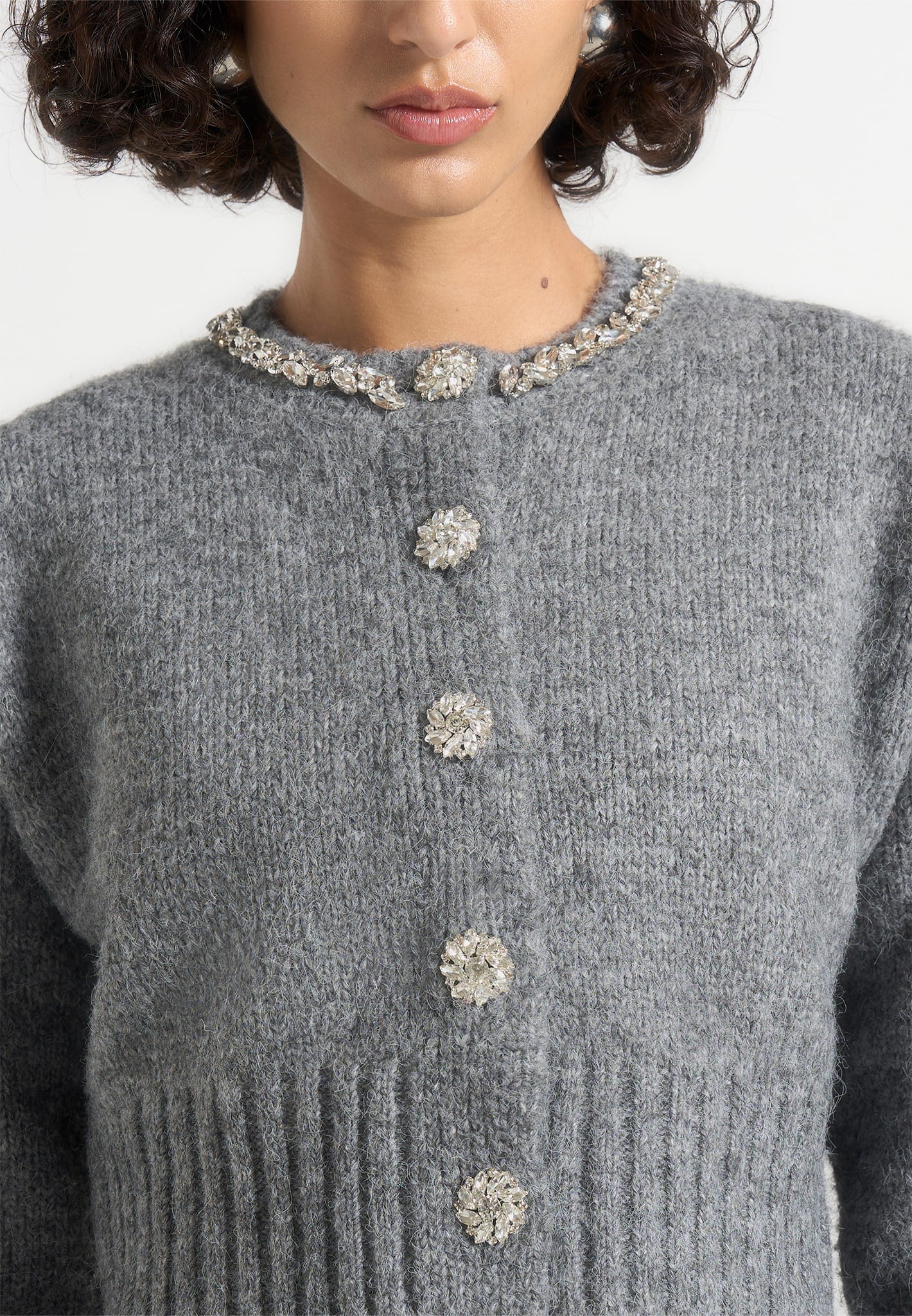 Caren - Embellished Brushed Wool Knit Cardigan - Grey
