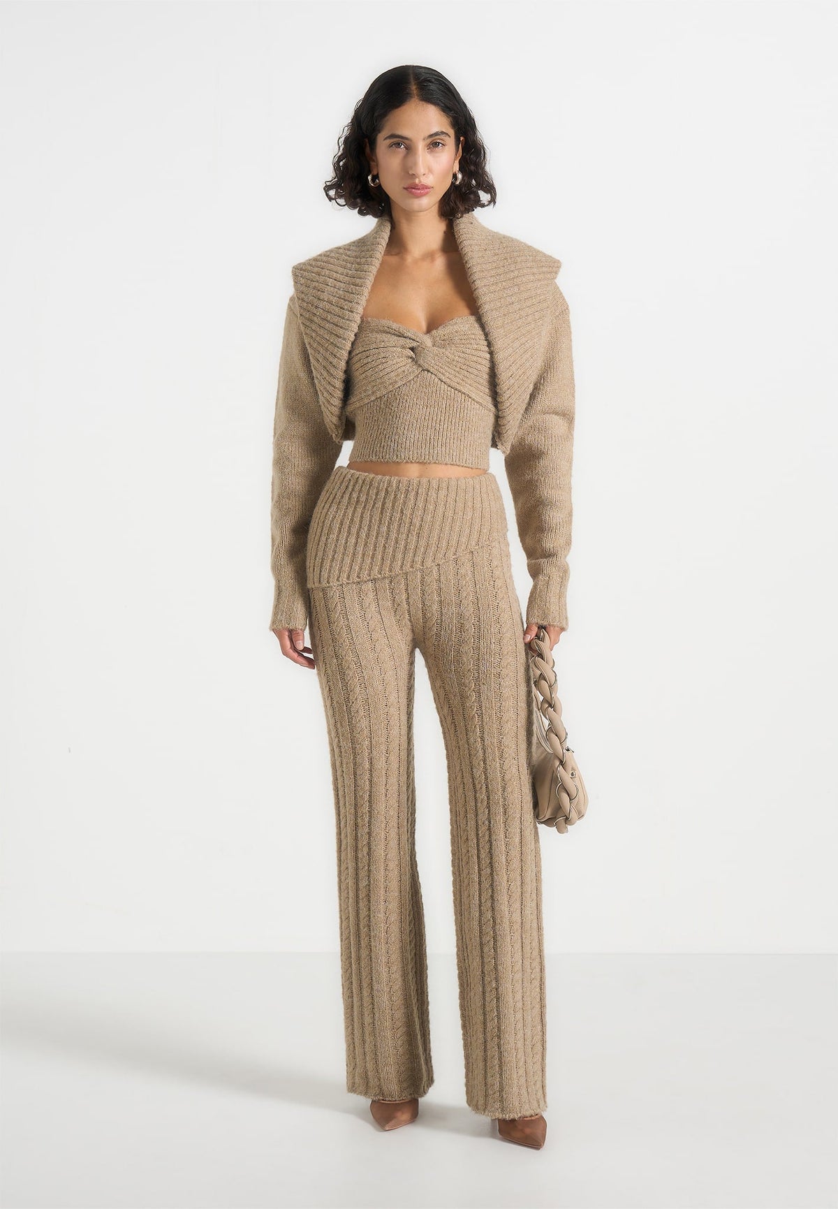 Elvy - Cable Knit Foldover Fit & Flare Bottoms - Taupe