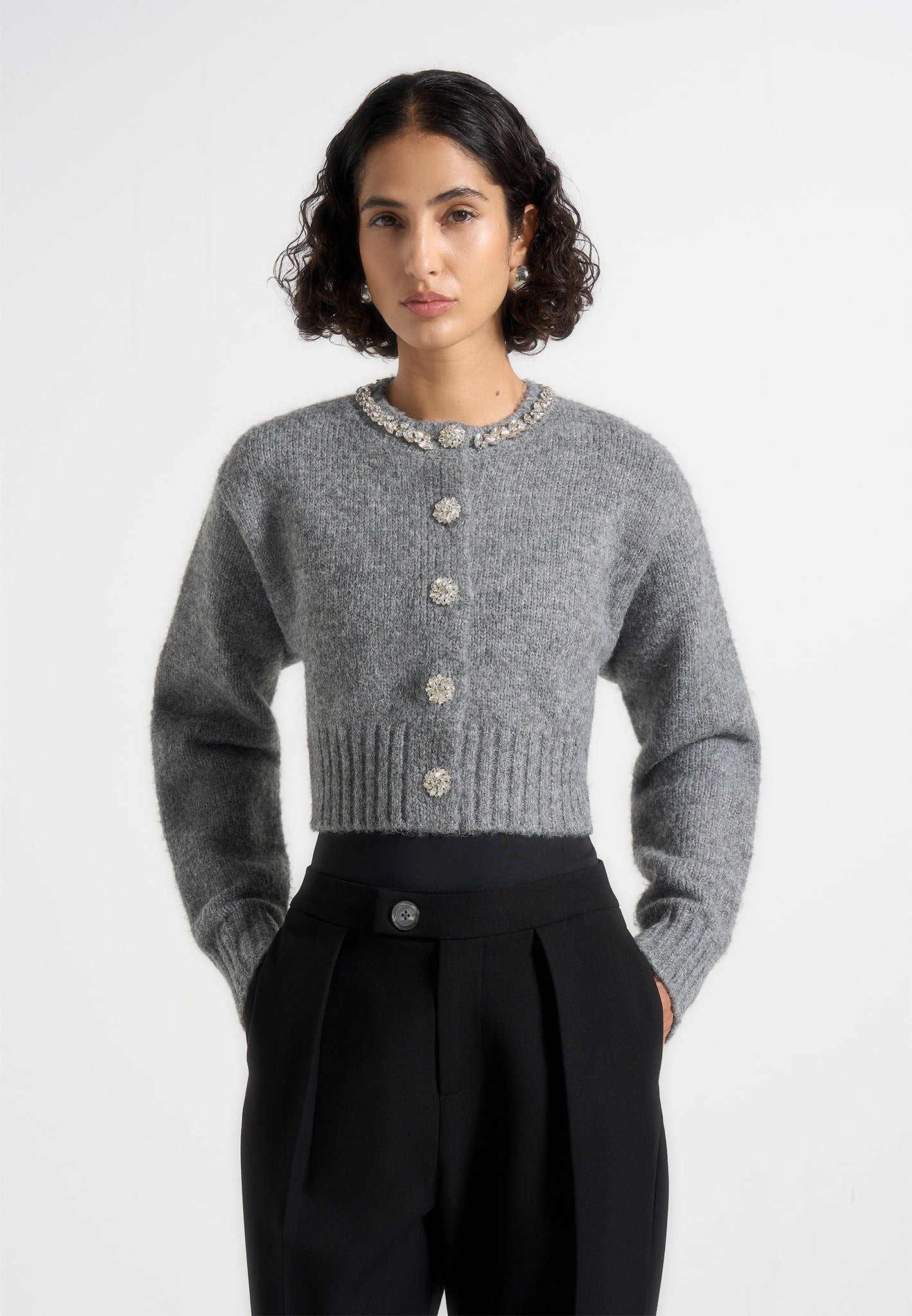 Caren - Embellished Brushed Wool Knit Cardigan - Grey