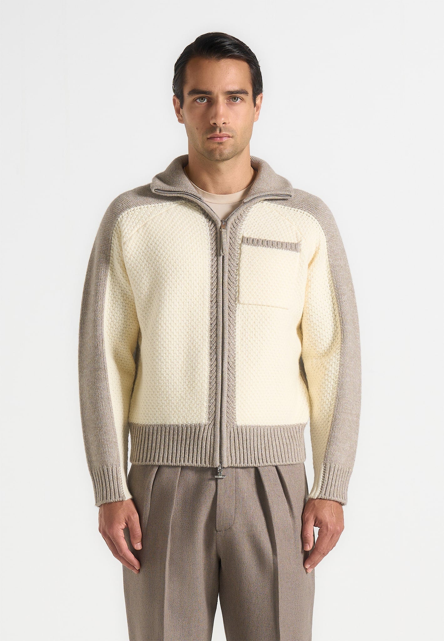 René - Colour Block Zip Through Cardigan - Cream/Beige