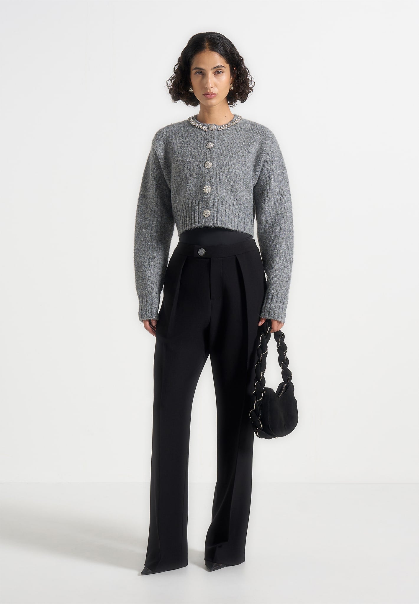 Caren - Embellished Brushed Wool Knit Cardigan - Grey