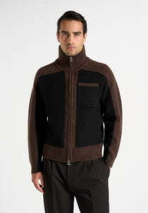 René - Colour Block Zip Through Cardigan - Black/Brown