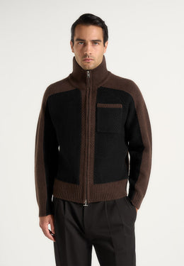 rene-colour-block-zip-through-cardigan-black-brown
