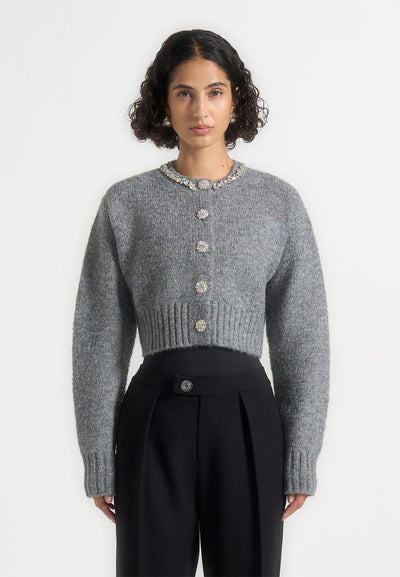 Caren - Embellished Brushed Wool Knit Cardigan - Grey