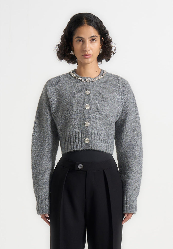 Caren - Embellished Brushed Wool Knit Cardigan - Grey