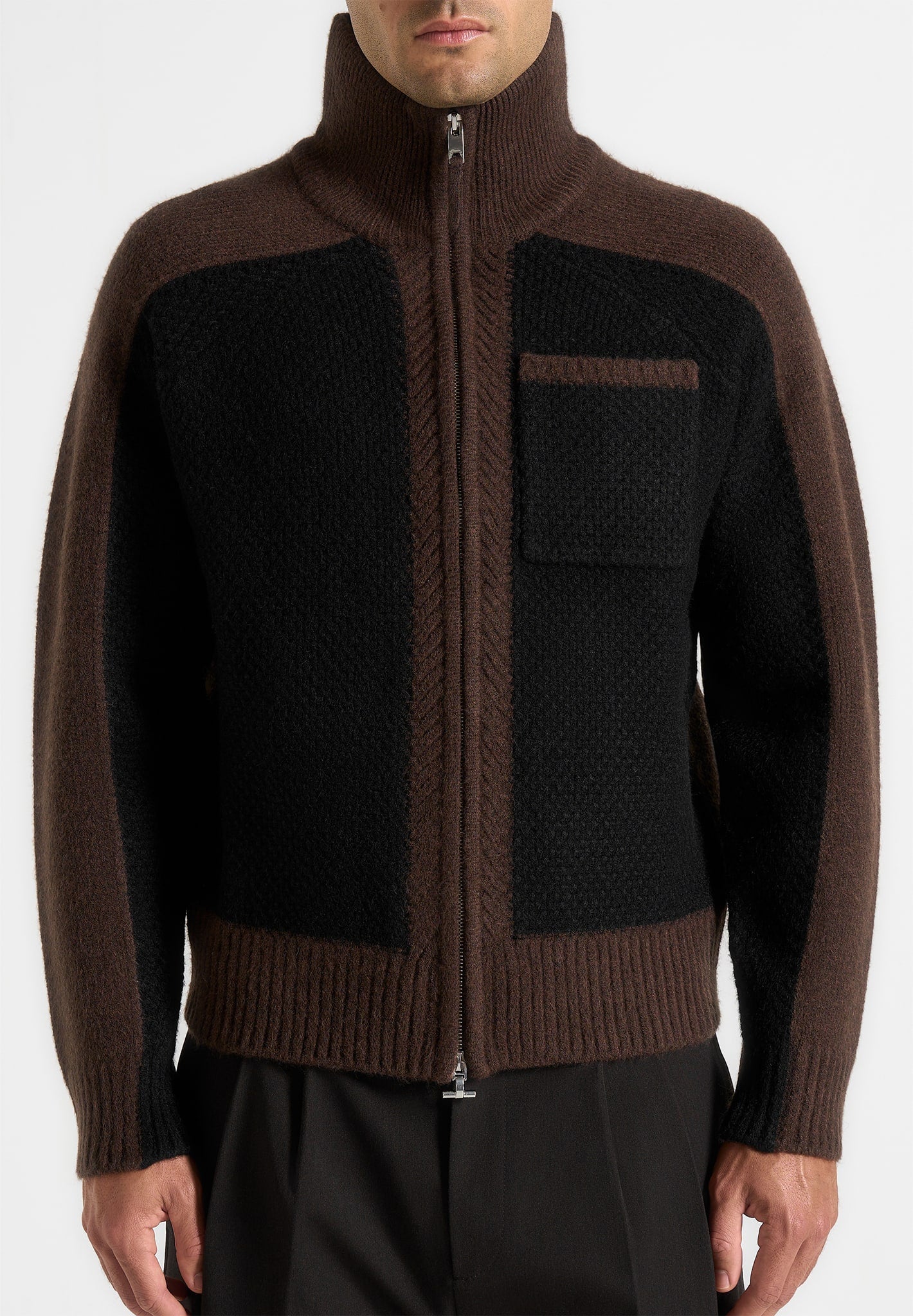 René - Colour Block Zip Through Cardigan - Black/Brown