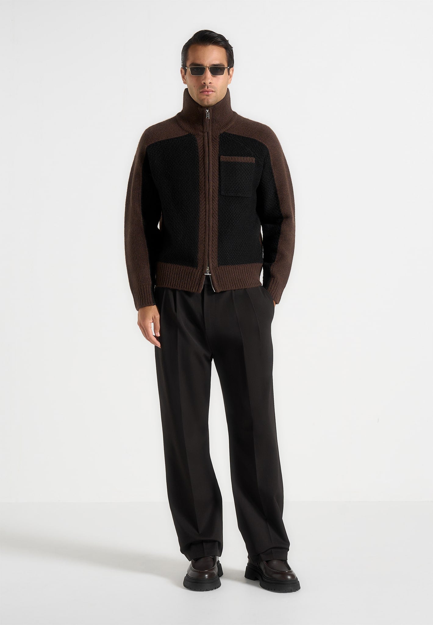 rene-colour-block-zip-through-cardigan-black-brown