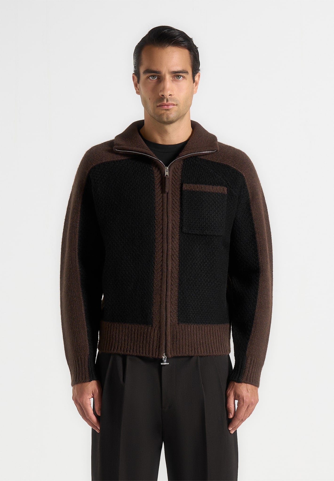 René - Colour Block Zip Through Cardigan - Black/Brown