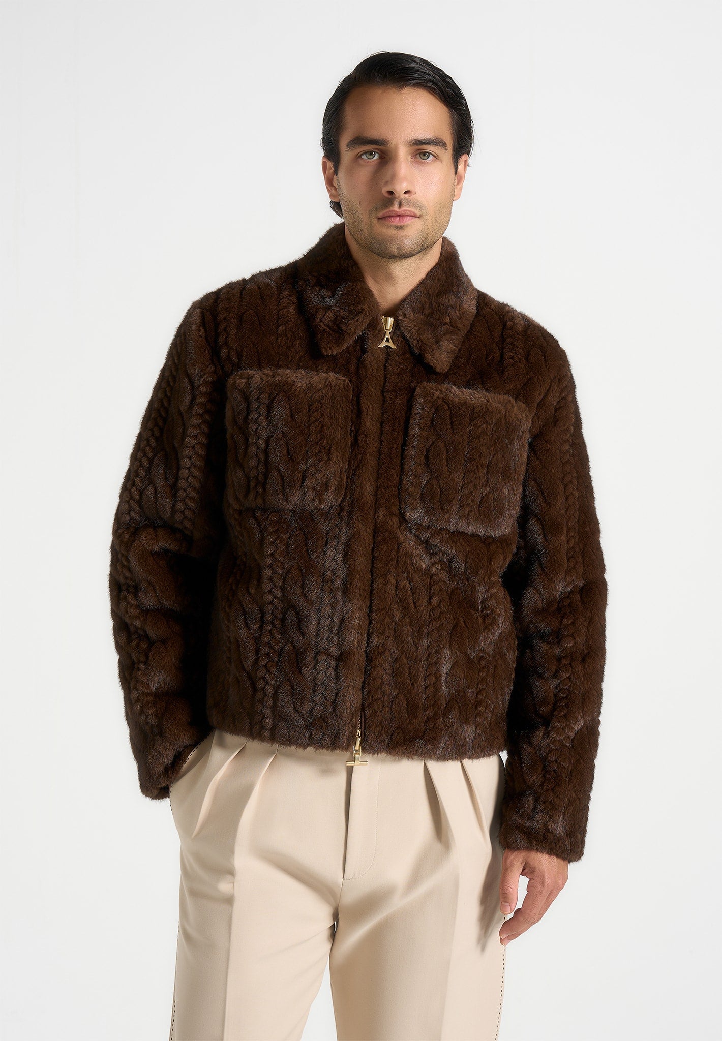David - Plush Cable Embossed Jacket - Brown 