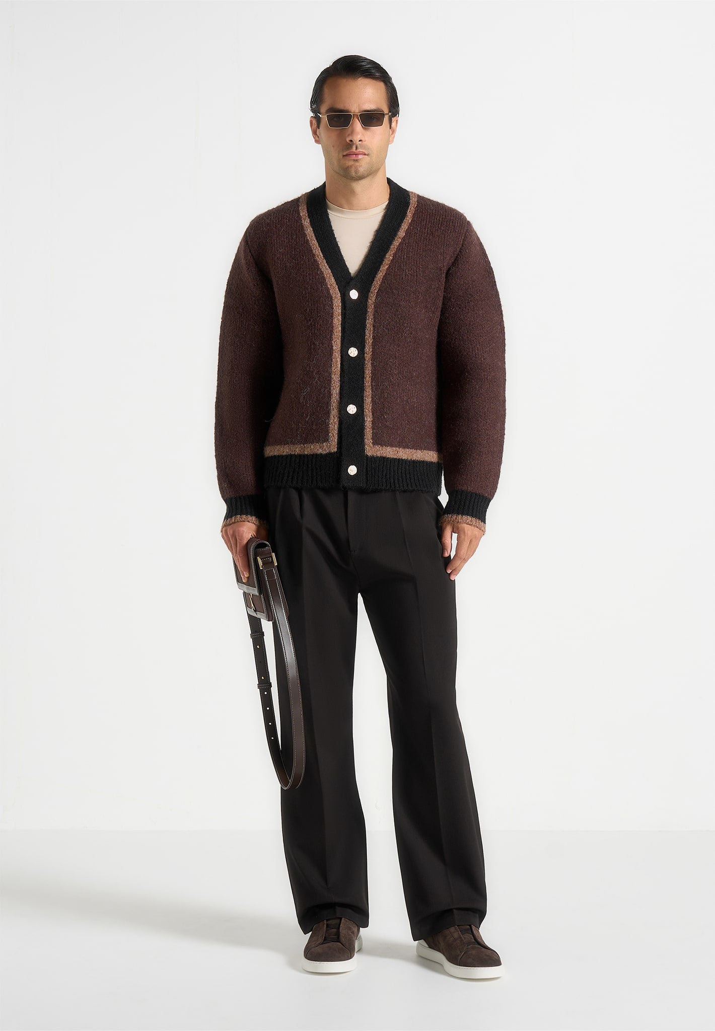 Elon - Wool Knit Contrast Cardigan - Brown 