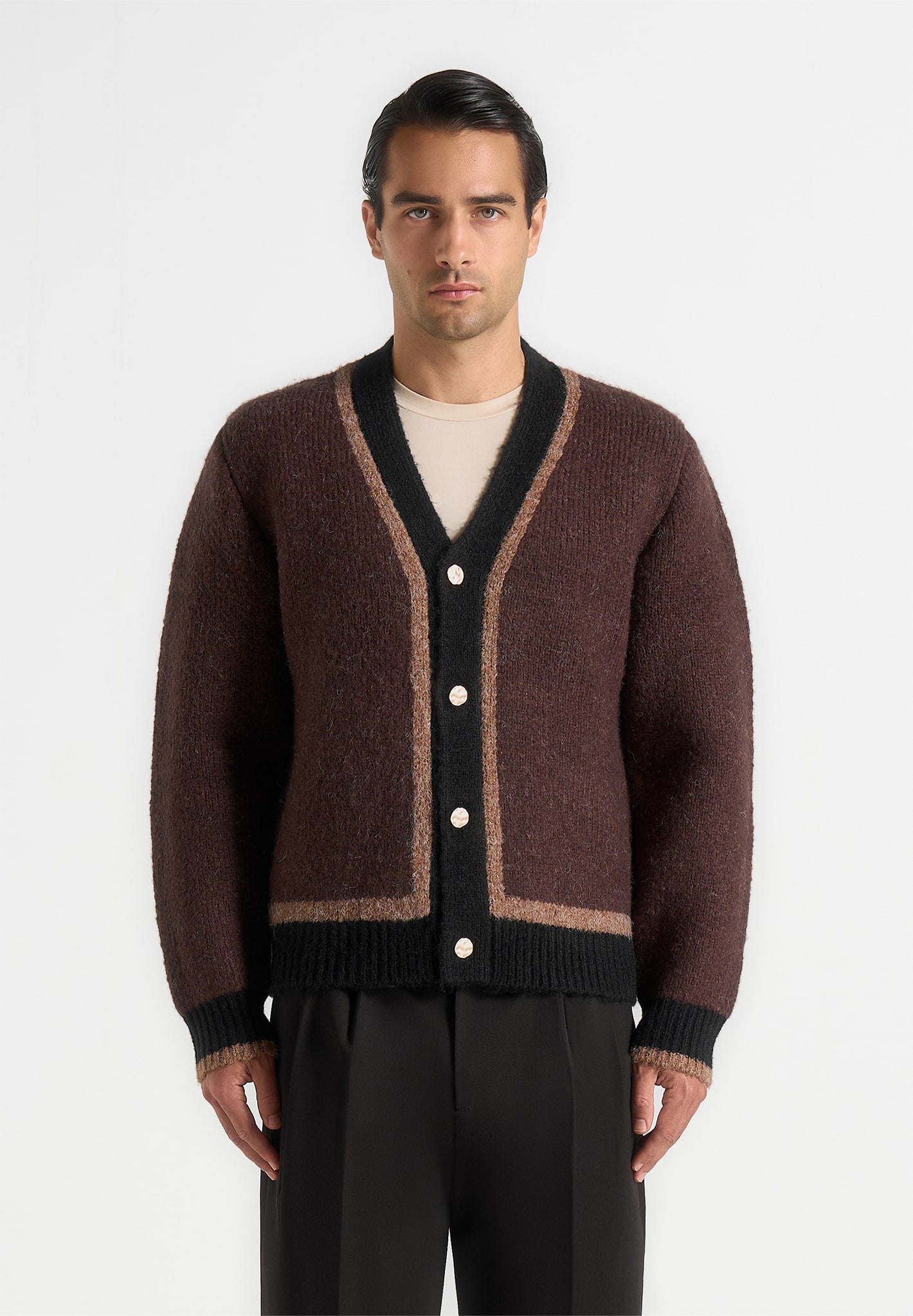Elon - Wool Knit Contrast Cardigan - Brown