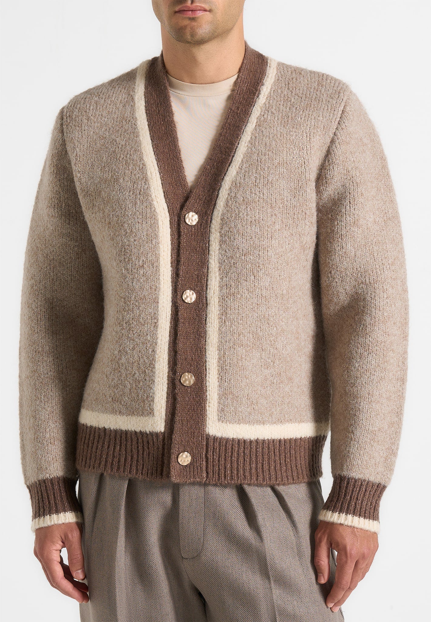 Elon - Wool Knit Contrast Cardigan - Beige