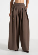 Flora - Box Pleat Wide Leg Belted Trousers - Brown