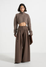 Flora - Box Pleat Wide Leg Belted Trousers - Brown