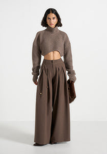 Flora - Box Pleat Wide Leg Belted Pants - Brown