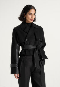 Lelia - Cropped Suede Trench Coat With Belt - Black