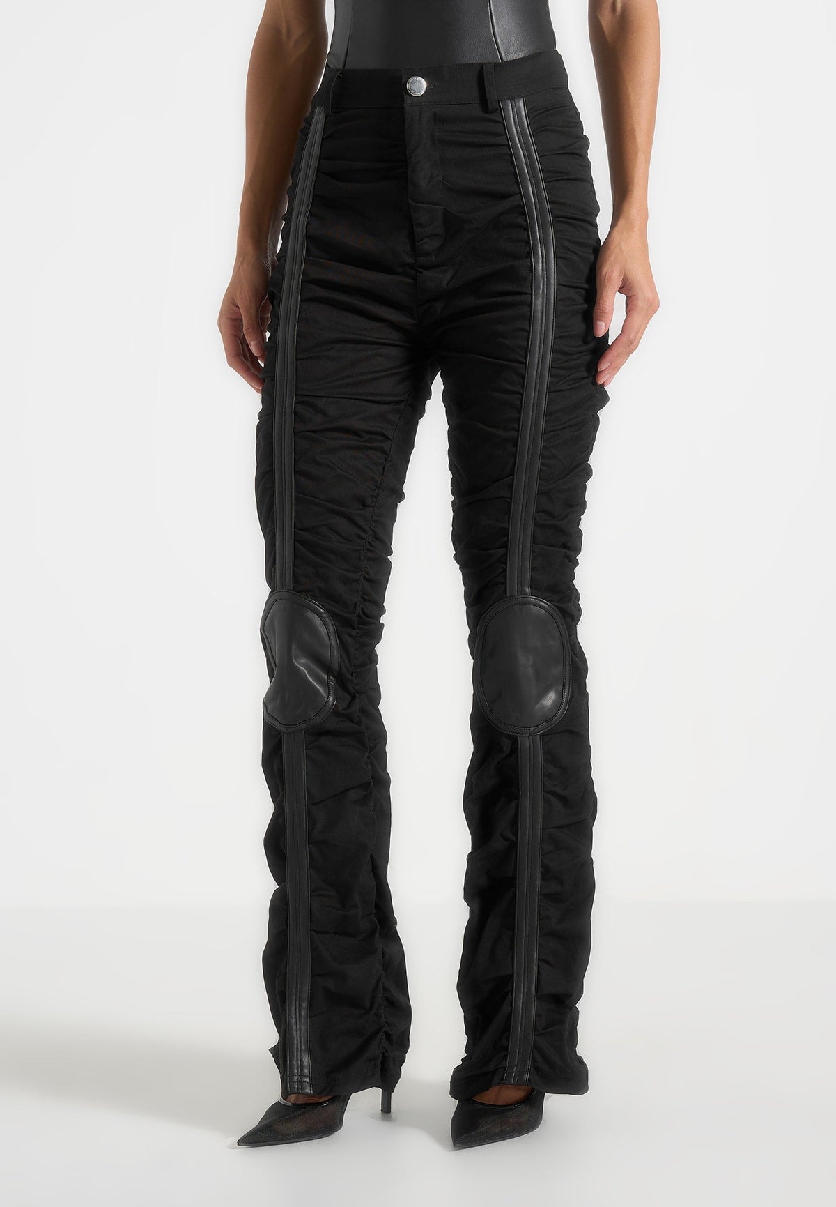 Ruched Pants with Knee Patch - Black
