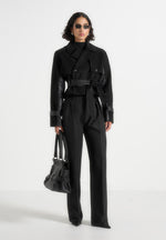 Lelia - Cropped Suede Trench Coat With Belt - Black
