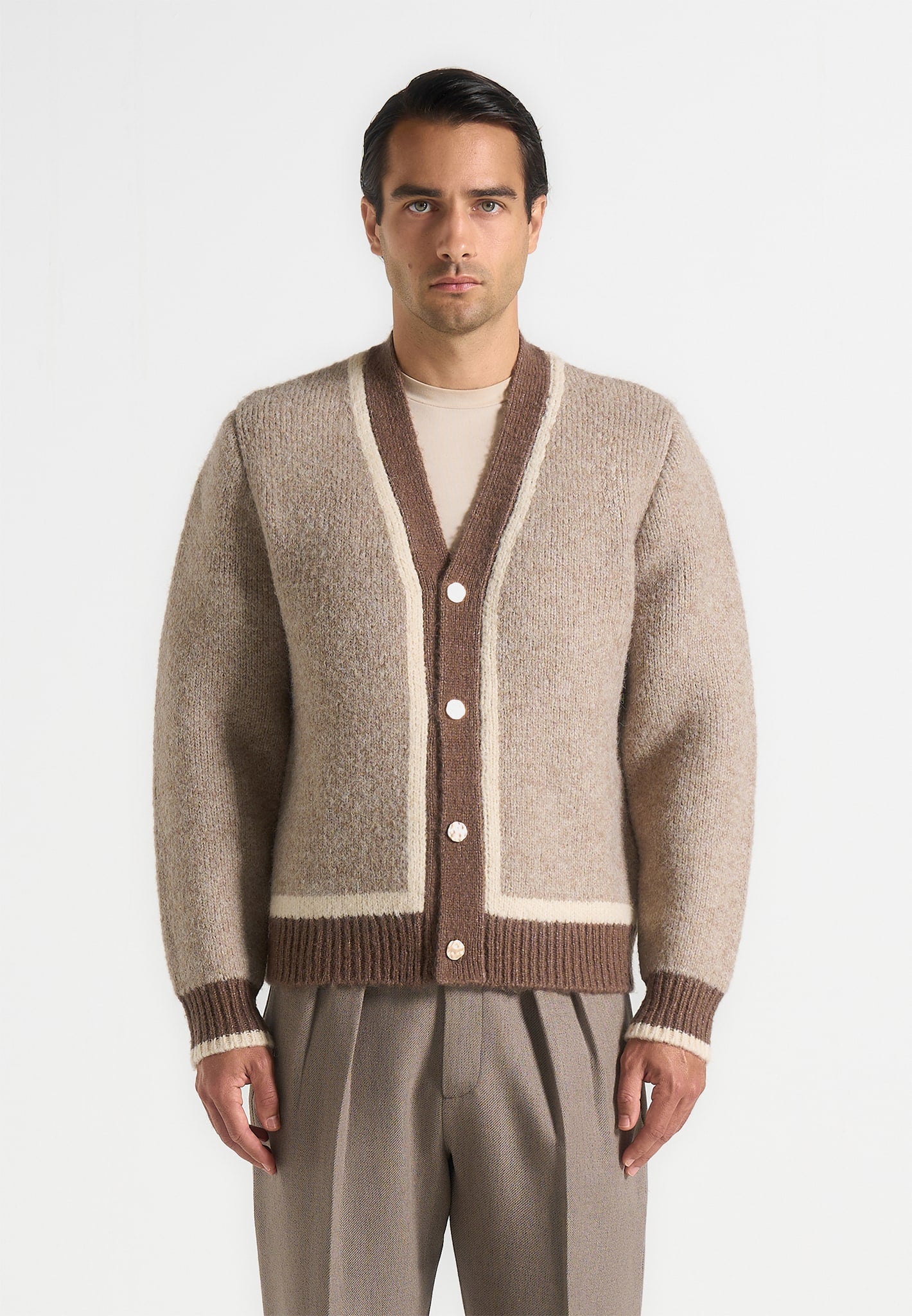 Elon - Wool Knit Contrast Cardigan - Beige 