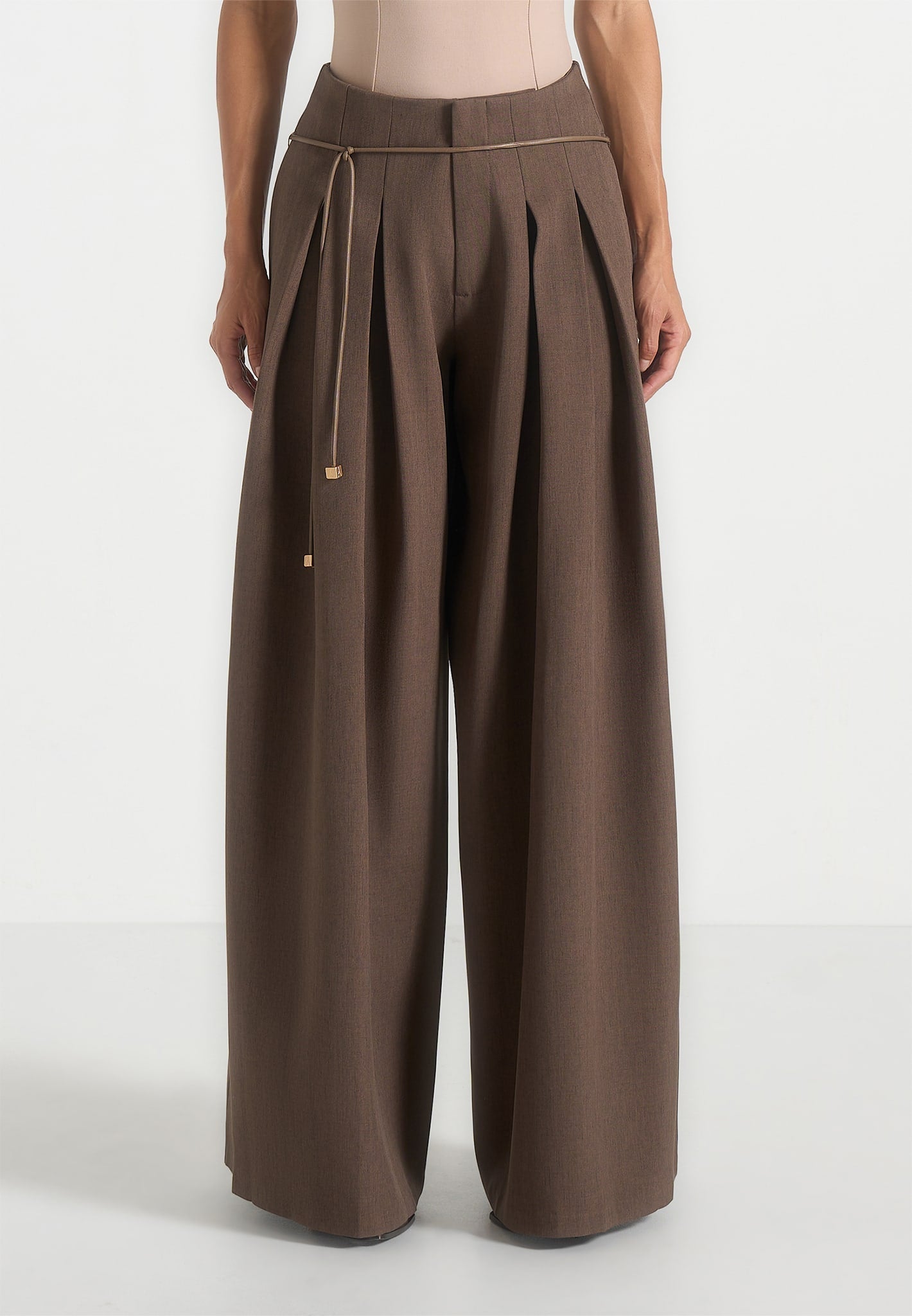 Flora - Box Pleat Wide Leg Belted Trousers - Brown