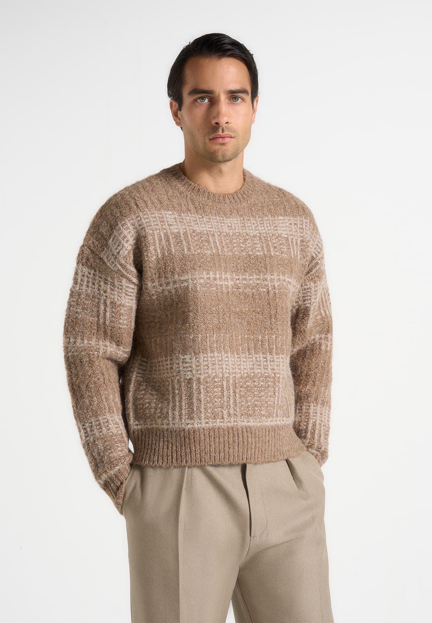 Ayden - Check Wool Knit Jumper - Taupe/Beige