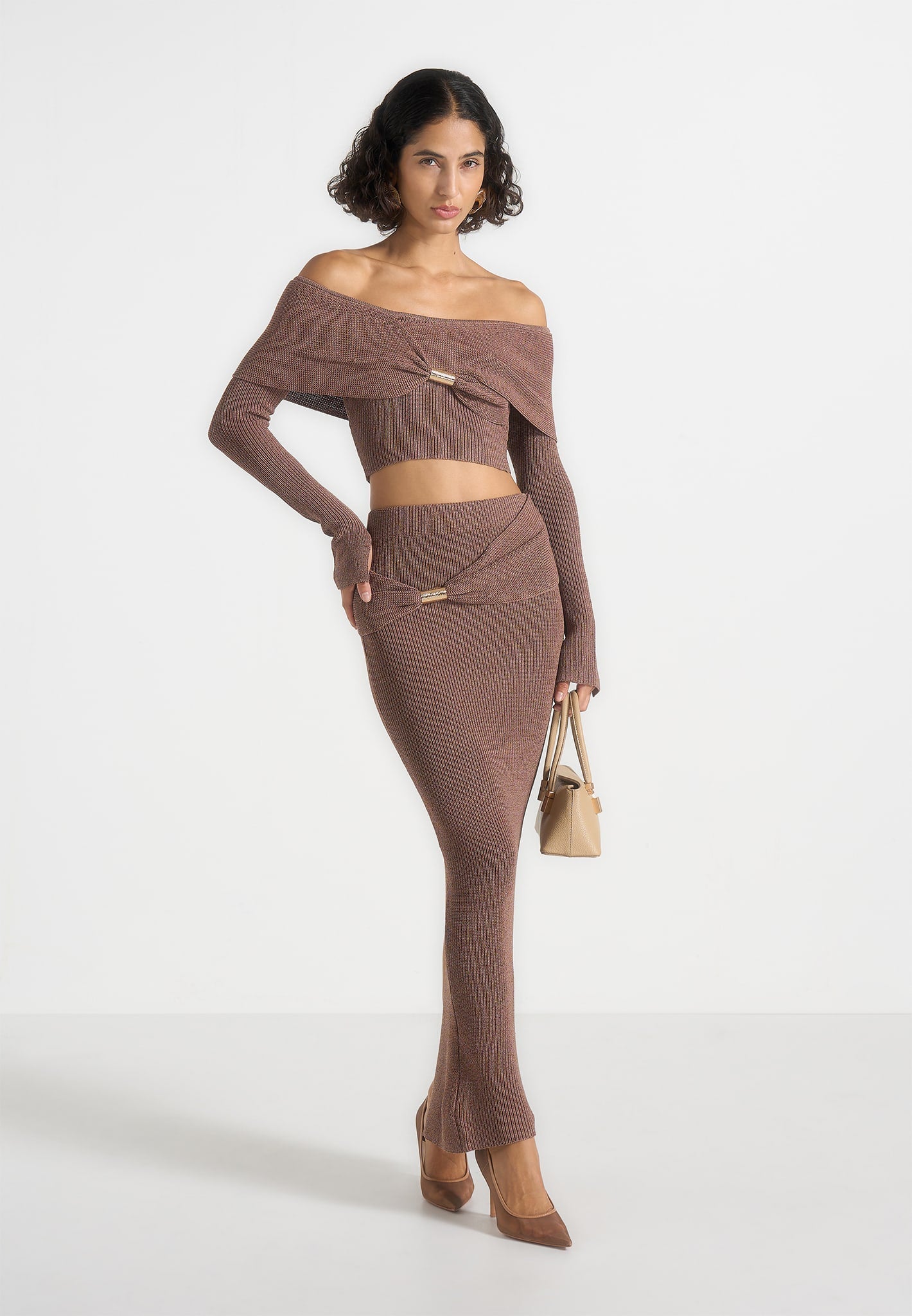 Shana - Asymmetric Bardot Top With Hardware Detail - Taupe 