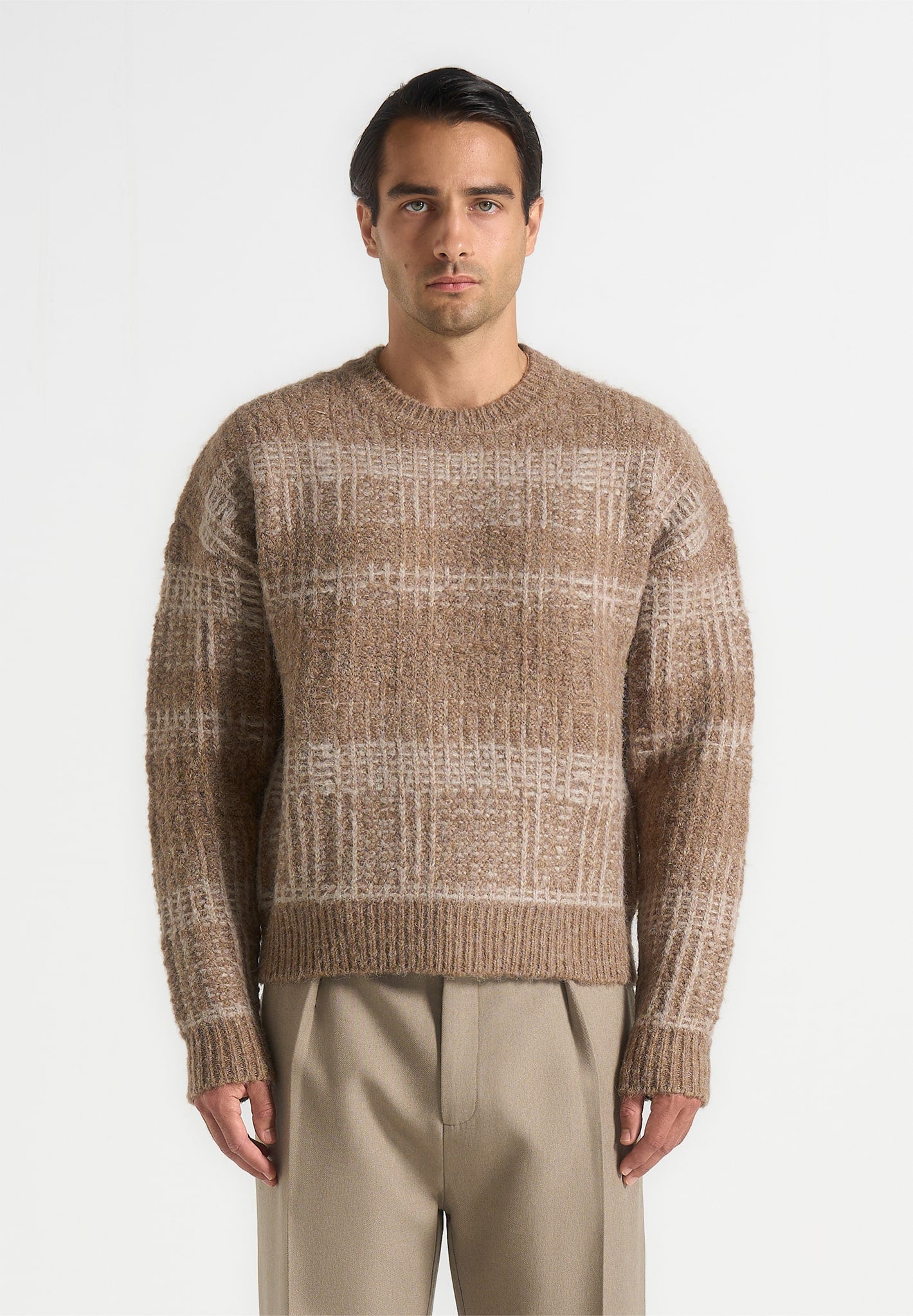 Ayden - Check Wool Knit Jumper - Taupe/Beige 