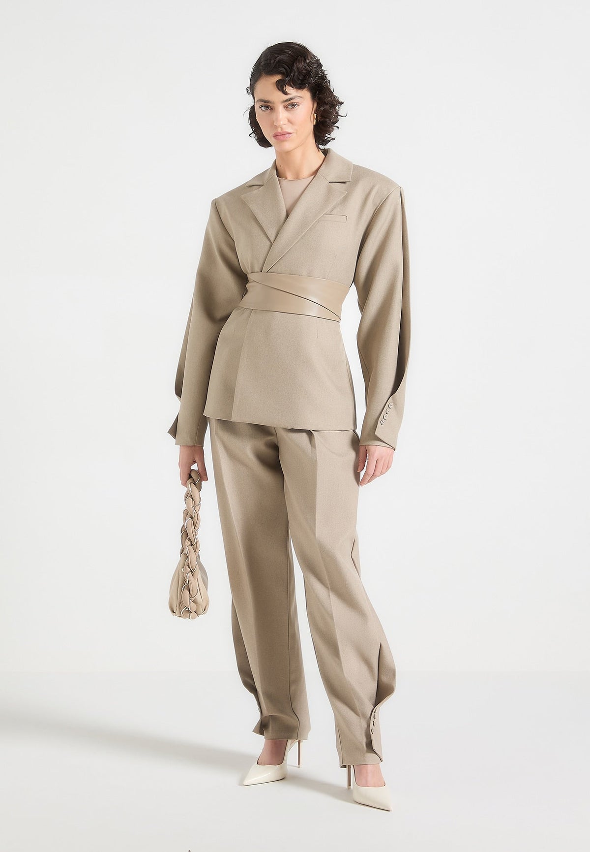 Marie - Twist Sleeve Tailored Blazer with Belt - Beige