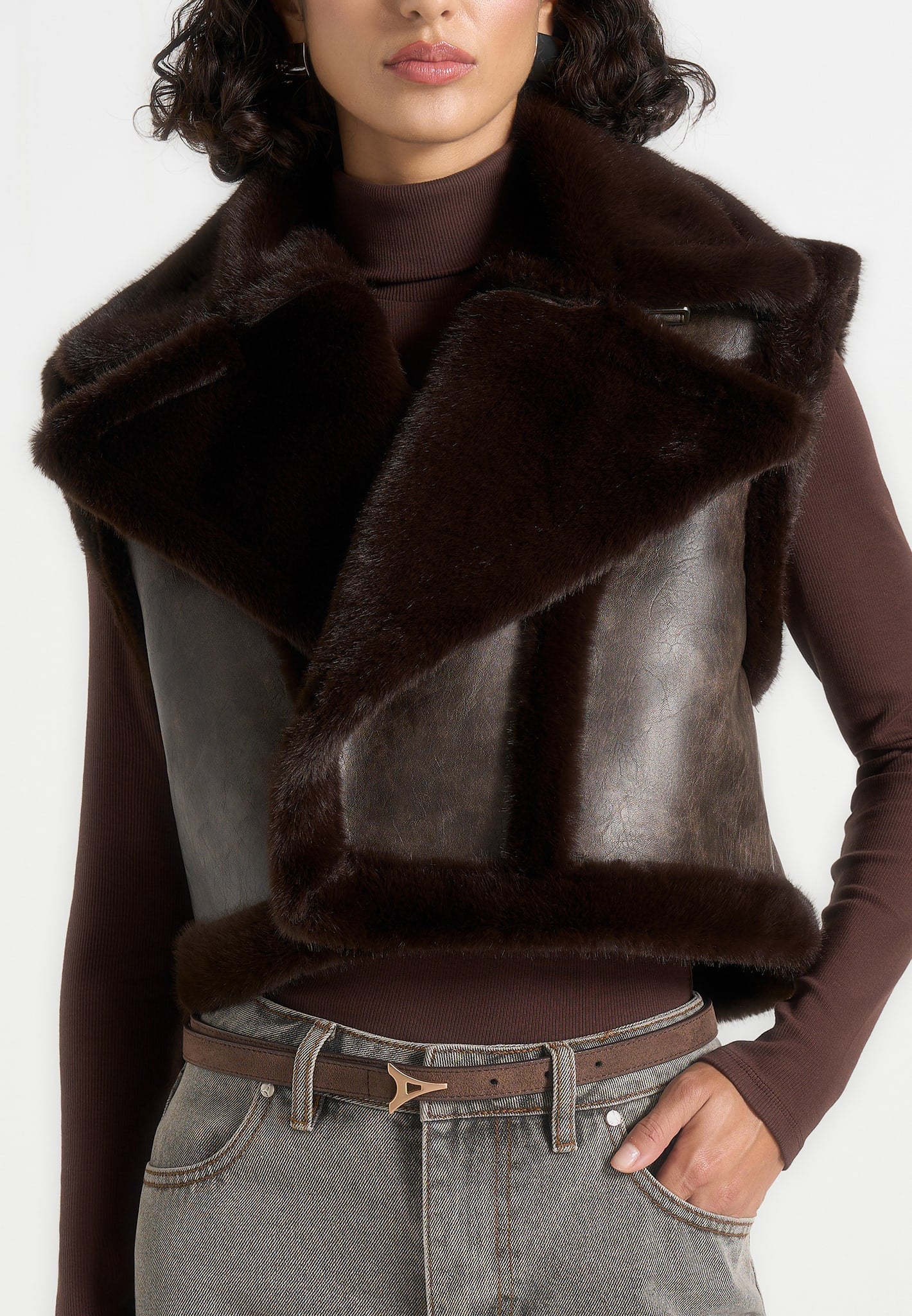 Kena - Vintage Leather & Plush 2-in-1 Gilet Jacket - Brown 