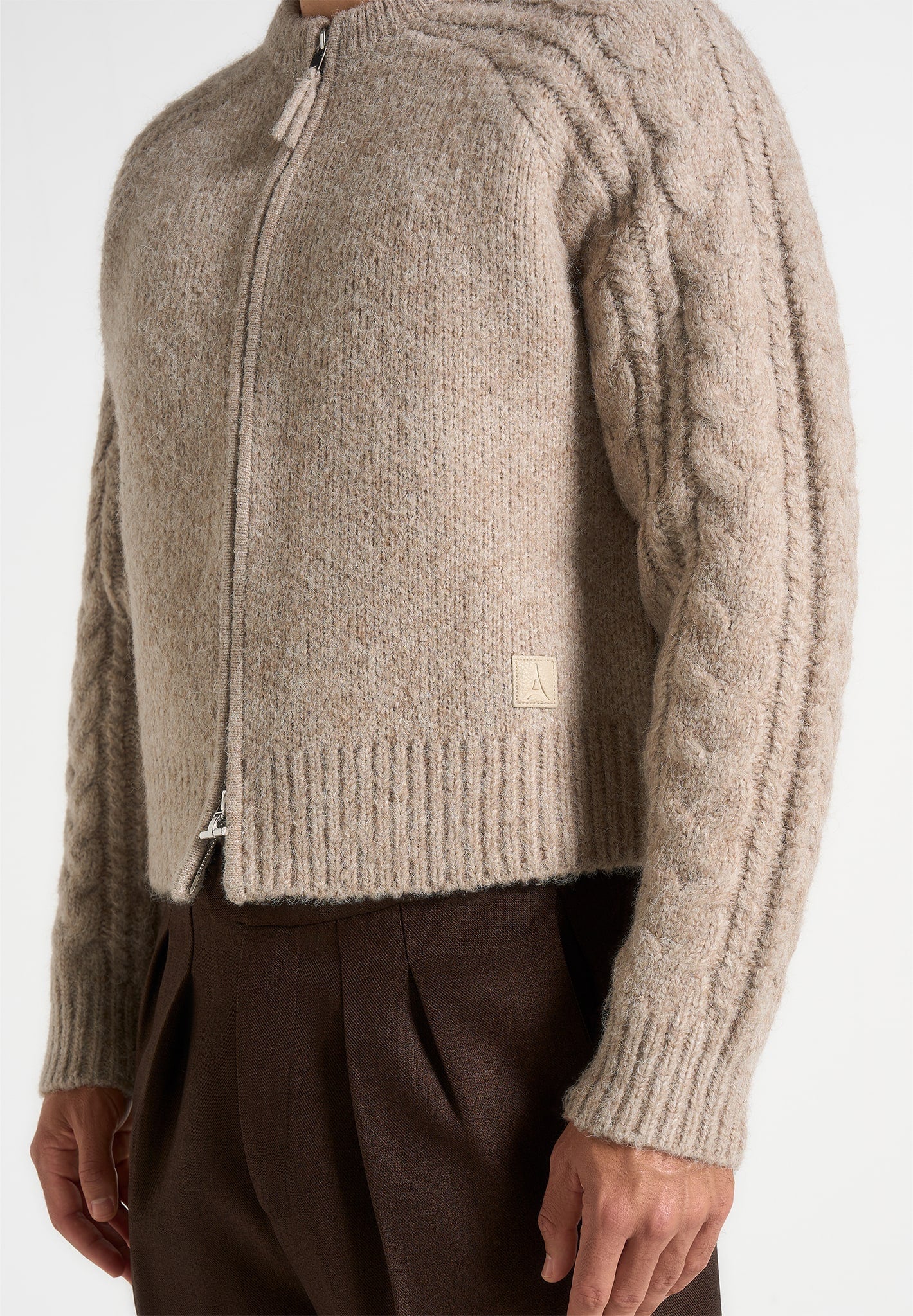 gaby-speckled-cable-knit-zip-cardigan-beige