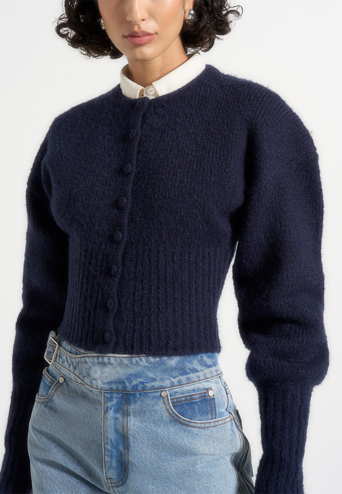 Mayla - Knitted Cinch Waist Cardigan - Navy