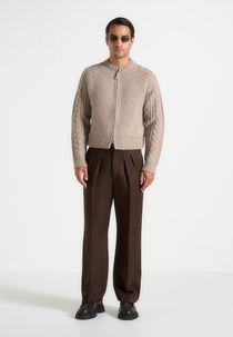 Gaby - Speckled Cable Knit Zip Cardigan - Beige