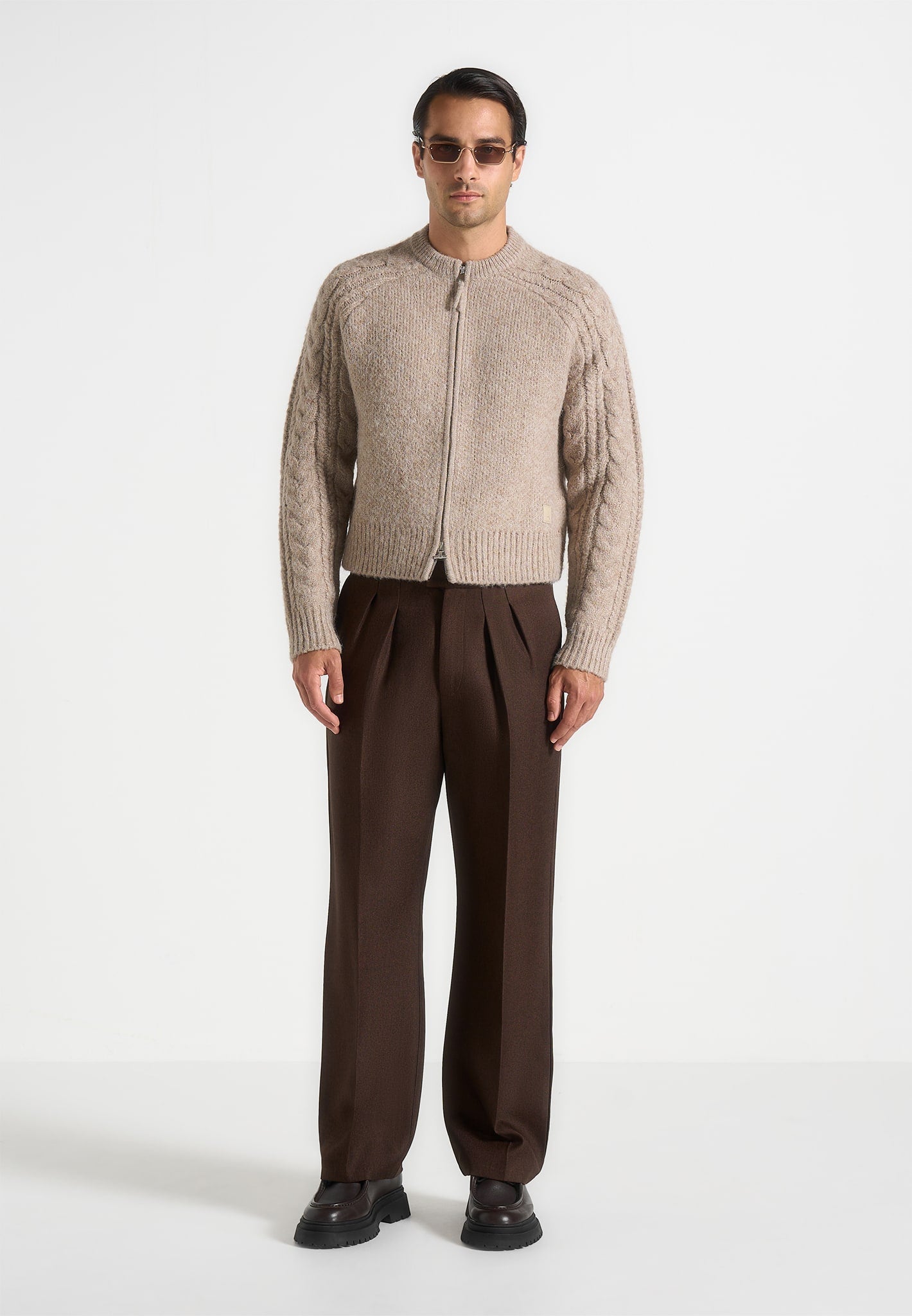 gaby-speckled-cable-knit-zip-cardigan-beige 