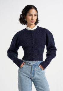 Mayla - Knitted Cinch Waist Cardigan - Navy