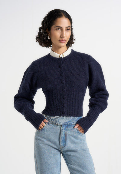 Mayla - Knitted Cinch Waist Cardigan - Navy