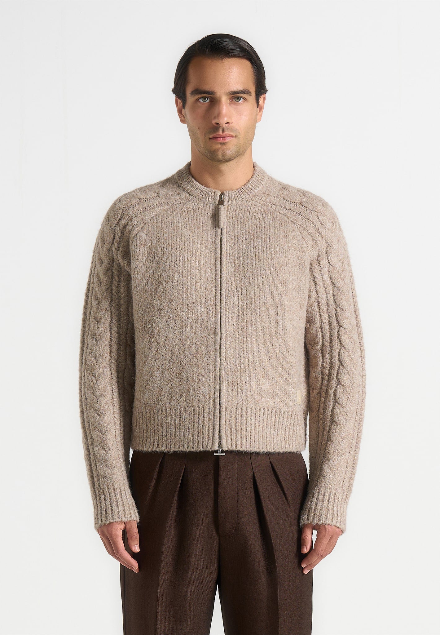 gaby-speckled-cable-knit-zip-cardigan-beige