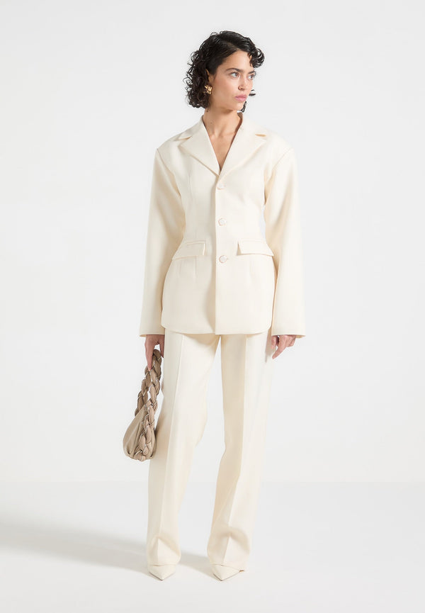 Claire - Wide Shoulder Cinch Waist Blazer - Cream