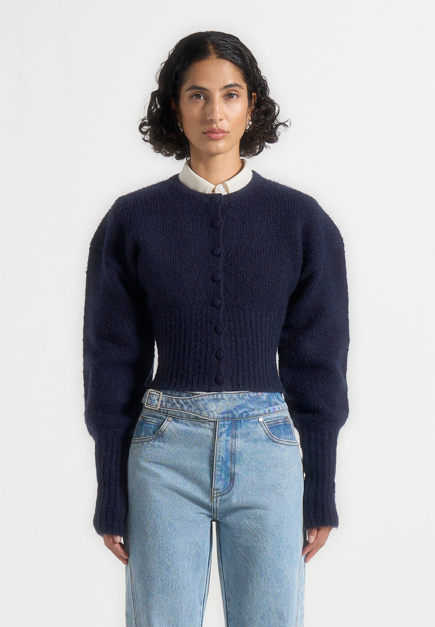 Mayla - Knitted Cinch Waist Cardigan - Navy
