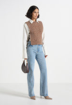 Danya - Wool Cable Knit Vest With Ties - Taupe